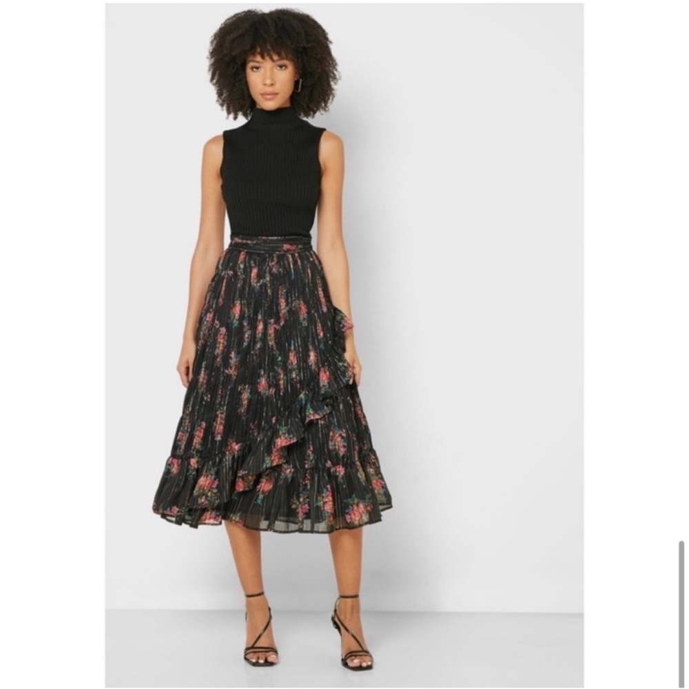Topshop Floral Print Metallic Faux Wrap Skirt, Black Multi, Women’s Size 6 US.